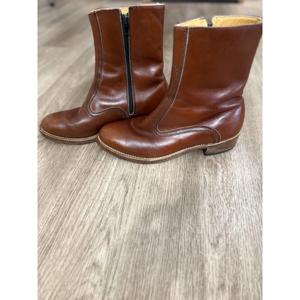 VTG 1970s Hanover Men 9 D/B Brown Leather Side Zip Ankle Boots Beatle Mod USA